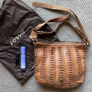 Fossil Medium Leather Tan Woven Crossbody Satchel